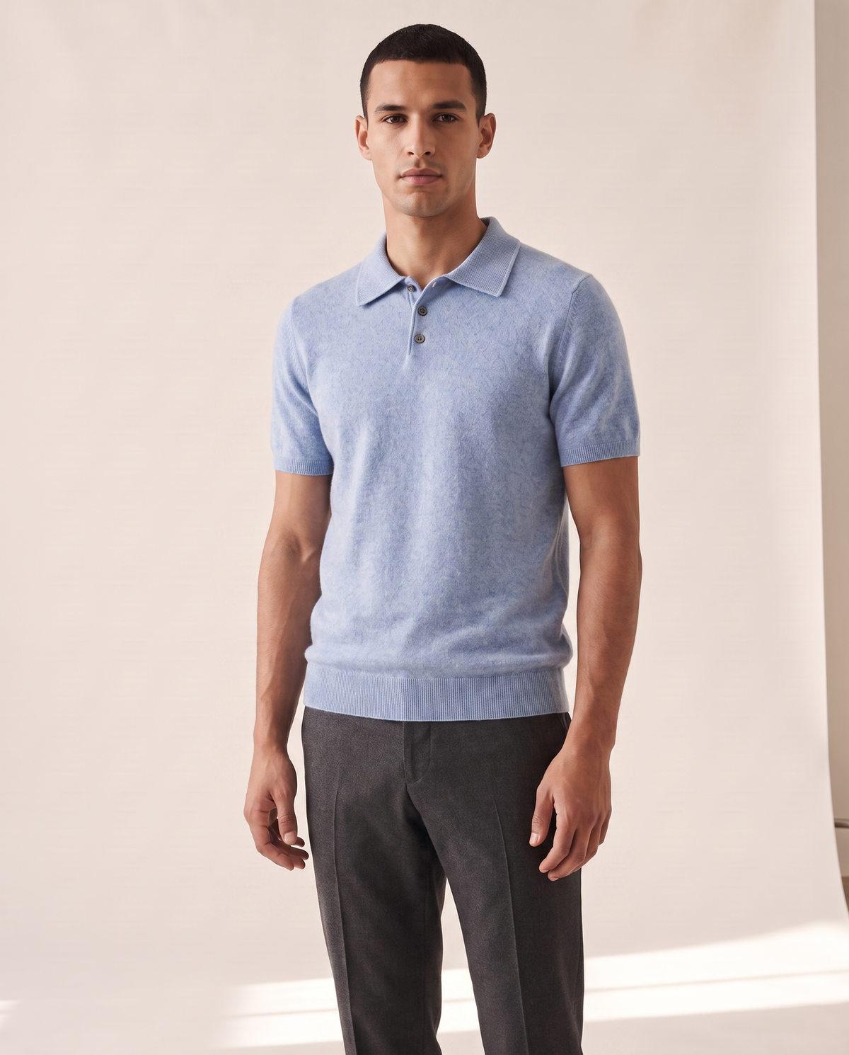 Model wearing The Belgrave cashmere knit polo, front view