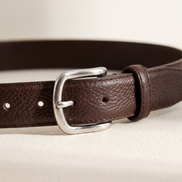 Close-up of the buckle and edge stitching on The Chester belt