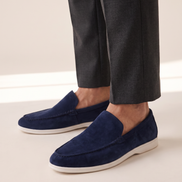 The Bayswater driving loafers worn without socks with charcoal trousers