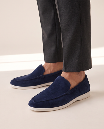 The Bayswater driving loafers worn without socks with charcoal trousers