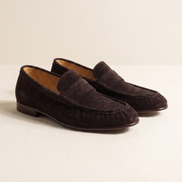 The Hampton coffee suede penny loafers, three-quarter view