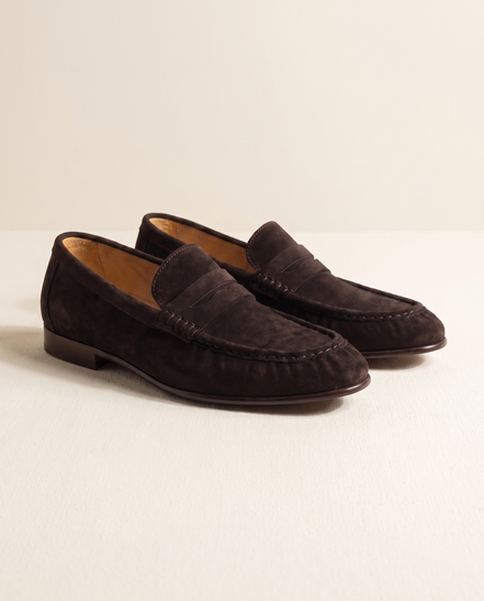 The Hampton coffee suede penny loafers, three-quarter view