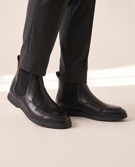 The Albany Chelsea boots worn with charcoal trousers