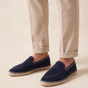 The Tarrant espadrilles worn without socks with stone trousers