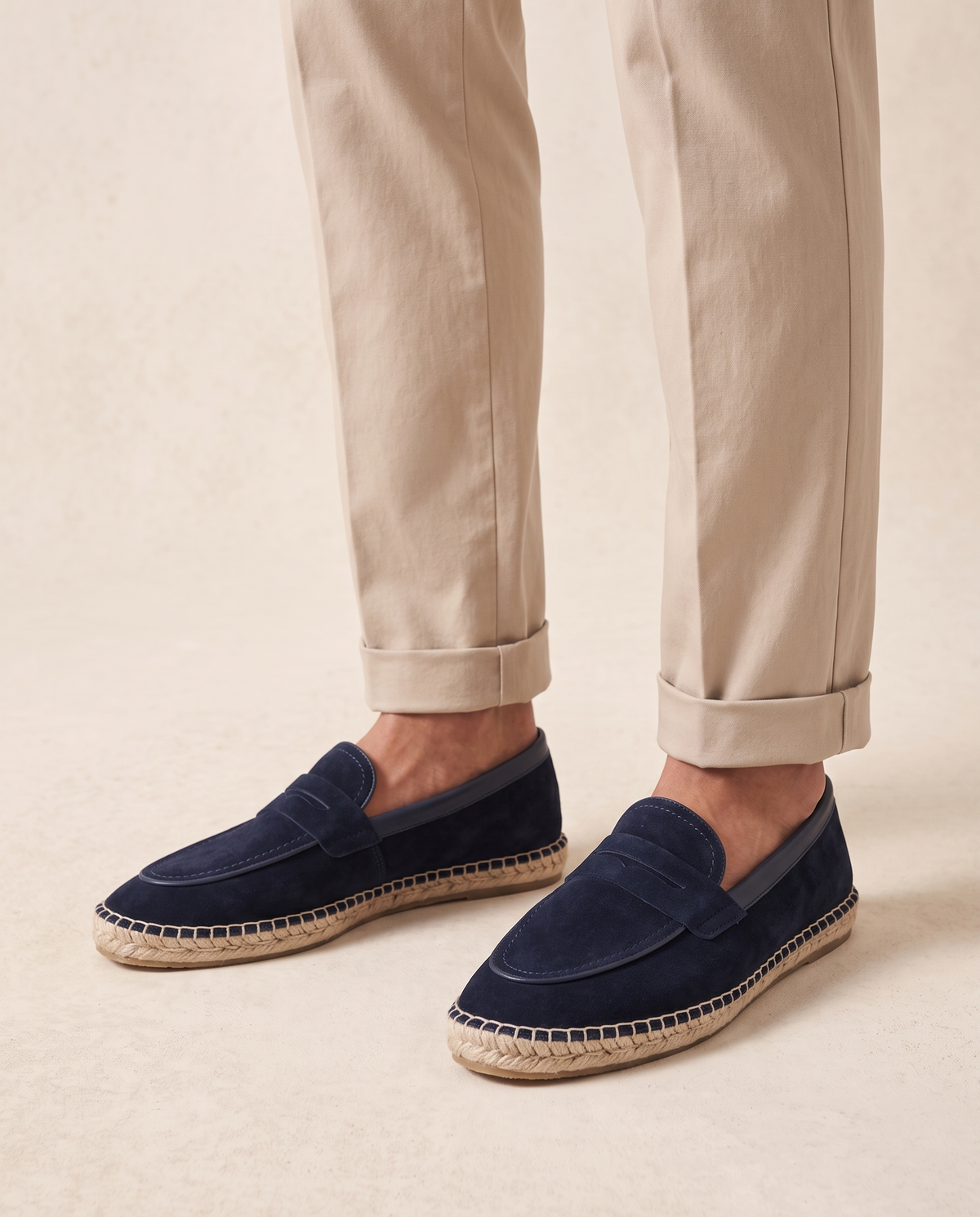 The Tarrant espadrilles worn without socks with stone trousers