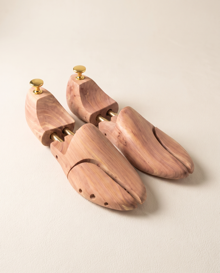 Cedar shoe trees, three-quarter view