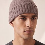 Model wearing The Fairfax cashmere beanie