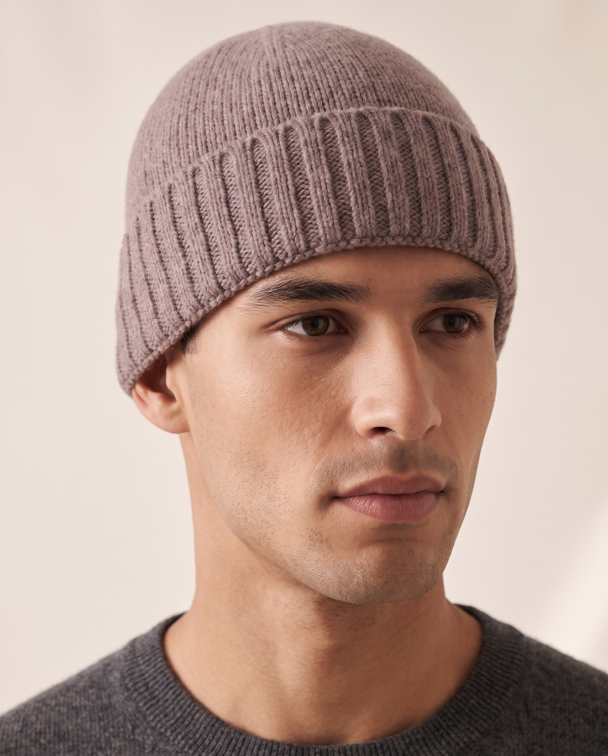 Model wearing The Fairfax cashmere beanie