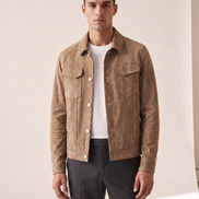 Model wearing The Mayfair suede trucker jacket, front view