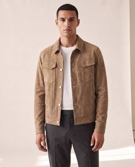 Model wearing The Mayfair suede trucker jacket, front view