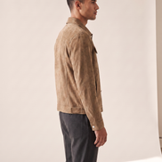 The Mayfair trucker jacket shown in side profile