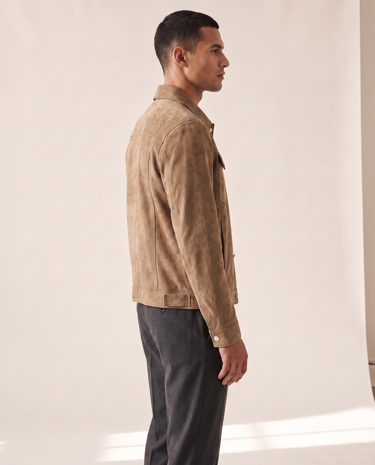 The Mayfair trucker jacket shown in side profile