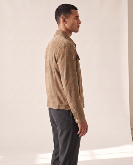 The Mayfair trucker jacket shown in side profile