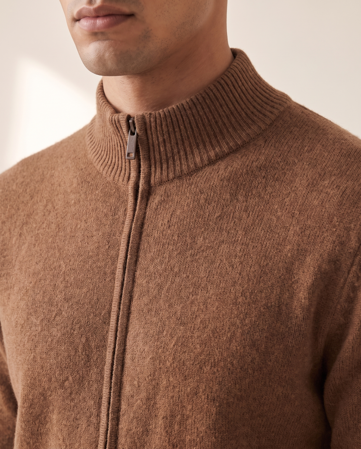 Close-up of the neckline and merino knit on The Everleigh
