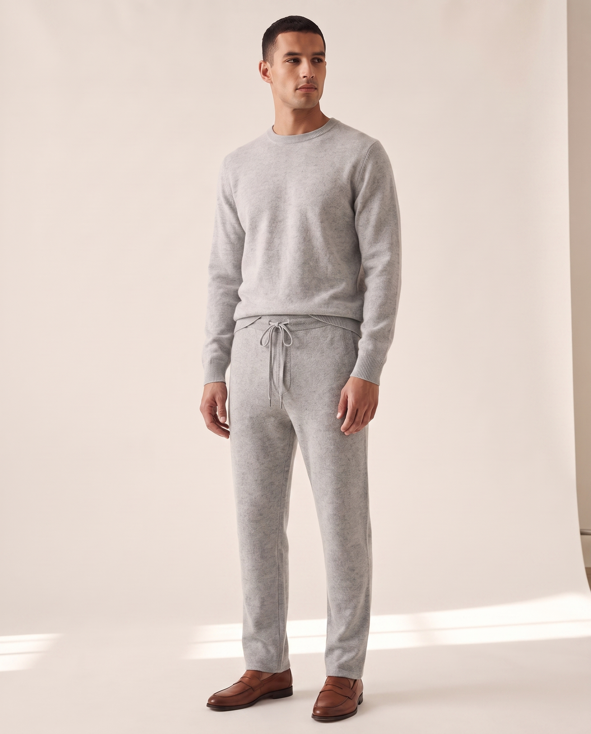 Model wearing The Ludlow merino trousers, full length front view