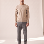 Model wearing The Cheltenham cashmere henley, front view