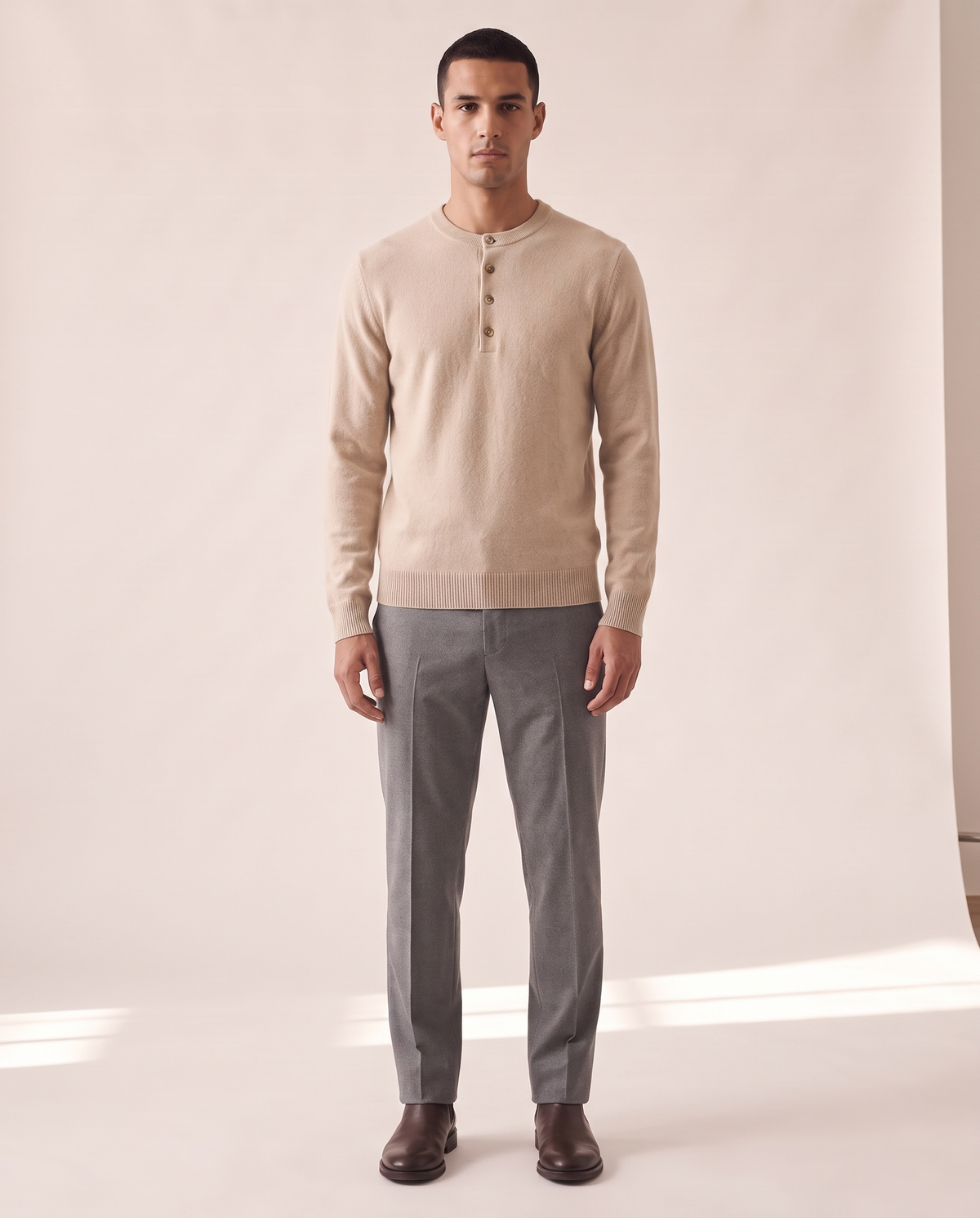 Model wearing The Cheltenham cashmere henley, front view