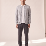 Model wearing The Wendover merino button cardigan, front view
