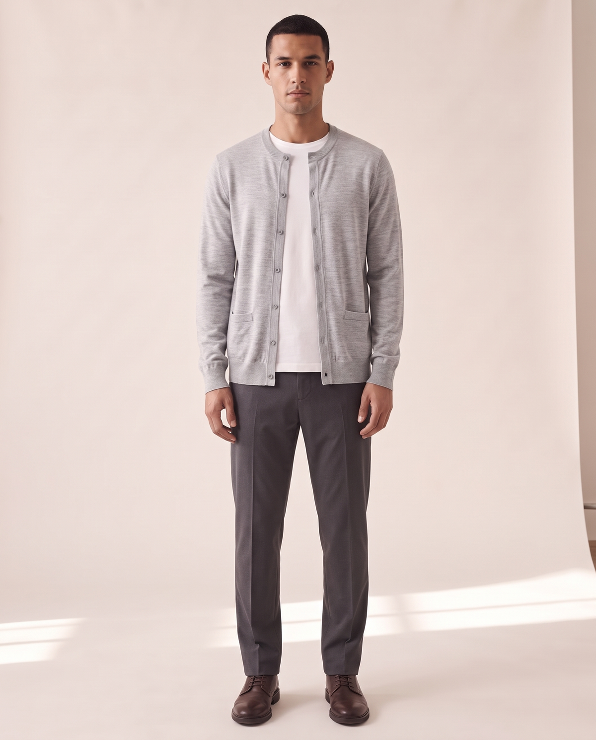 Model wearing The Wendover merino button cardigan, front view