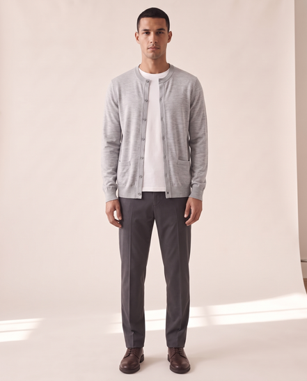 Model wearing The Wendover merino button cardigan, front view