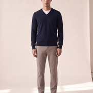 Model wearing The Sandringham merino V-neck jumper, front view