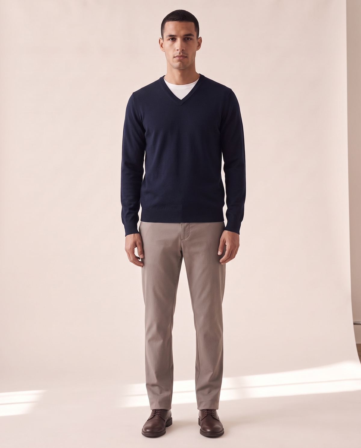Model wearing The Sandringham merino V-neck jumper, front view