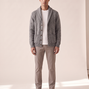 Model wearing The Thornbury cashmere shawl-collar cardigan, front view