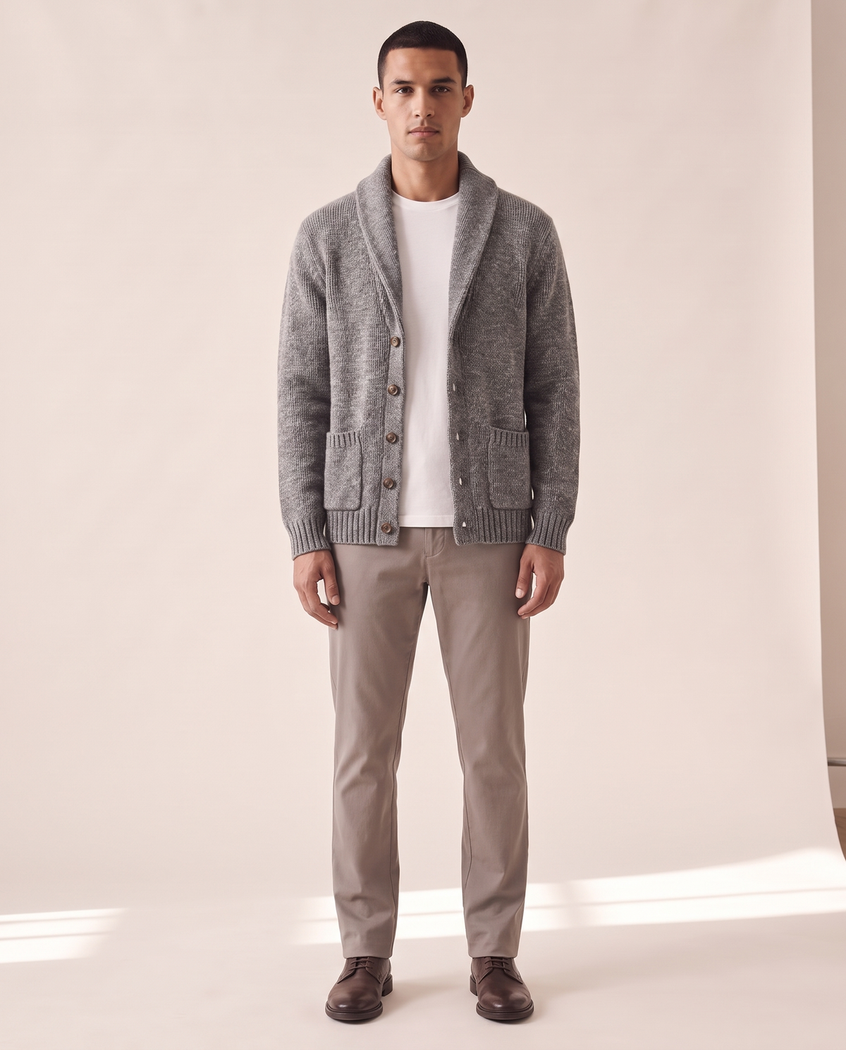 Model wearing The Thornbury cashmere shawl-collar cardigan, front view