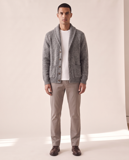 Model wearing The Thornbury cashmere shawl-collar cardigan, front view