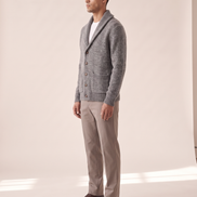 The Thornbury cashmere shawl-collar cardigan shown in side profile