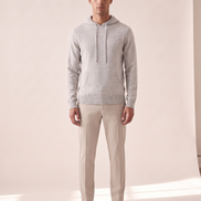 Model wearing The Ashdown merino hooded jumper, front view