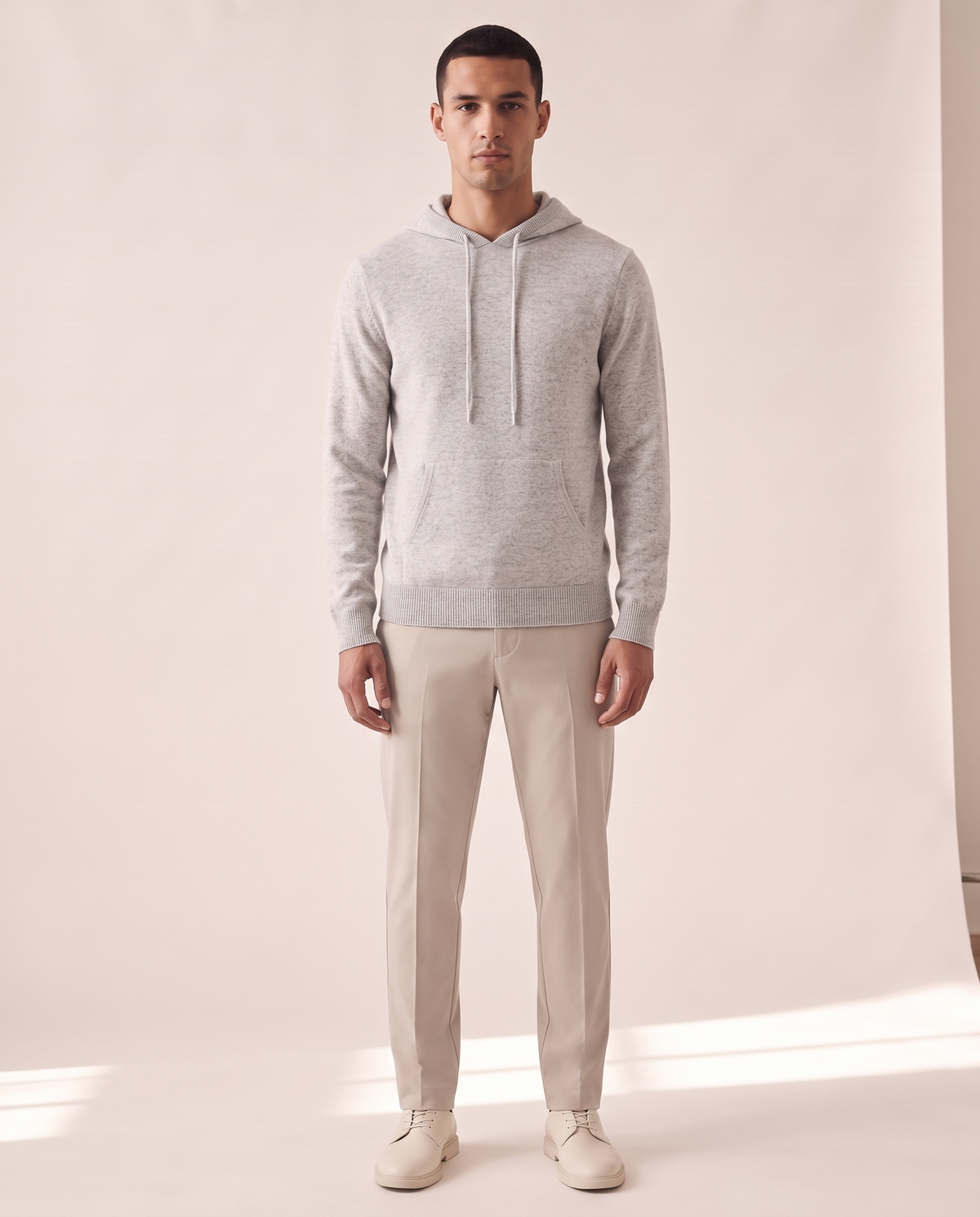 Model wearing The Ashdown merino hooded jumper, front view
