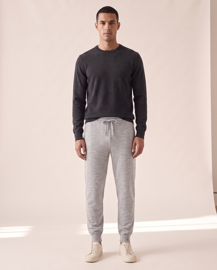 Model wearing The Grafton merino joggers, front view