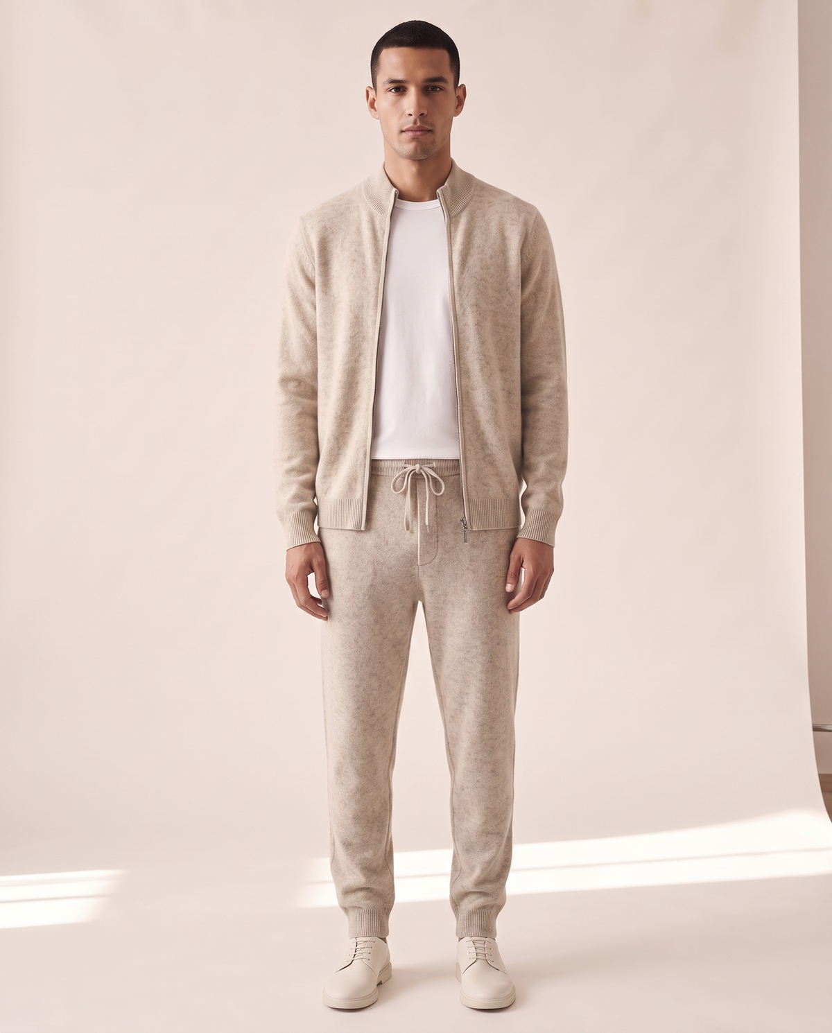 Model wearing The Richmond merino wool two-piece set, front view