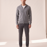 Model wearing The Brackley merino zip-through hoodie, front view