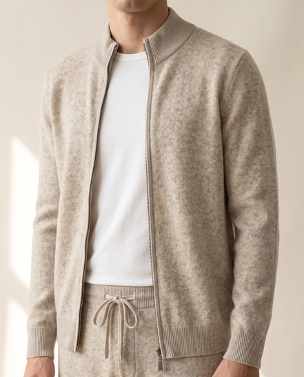 Close-up of the stand collar and drawstring waistband on The Richmond