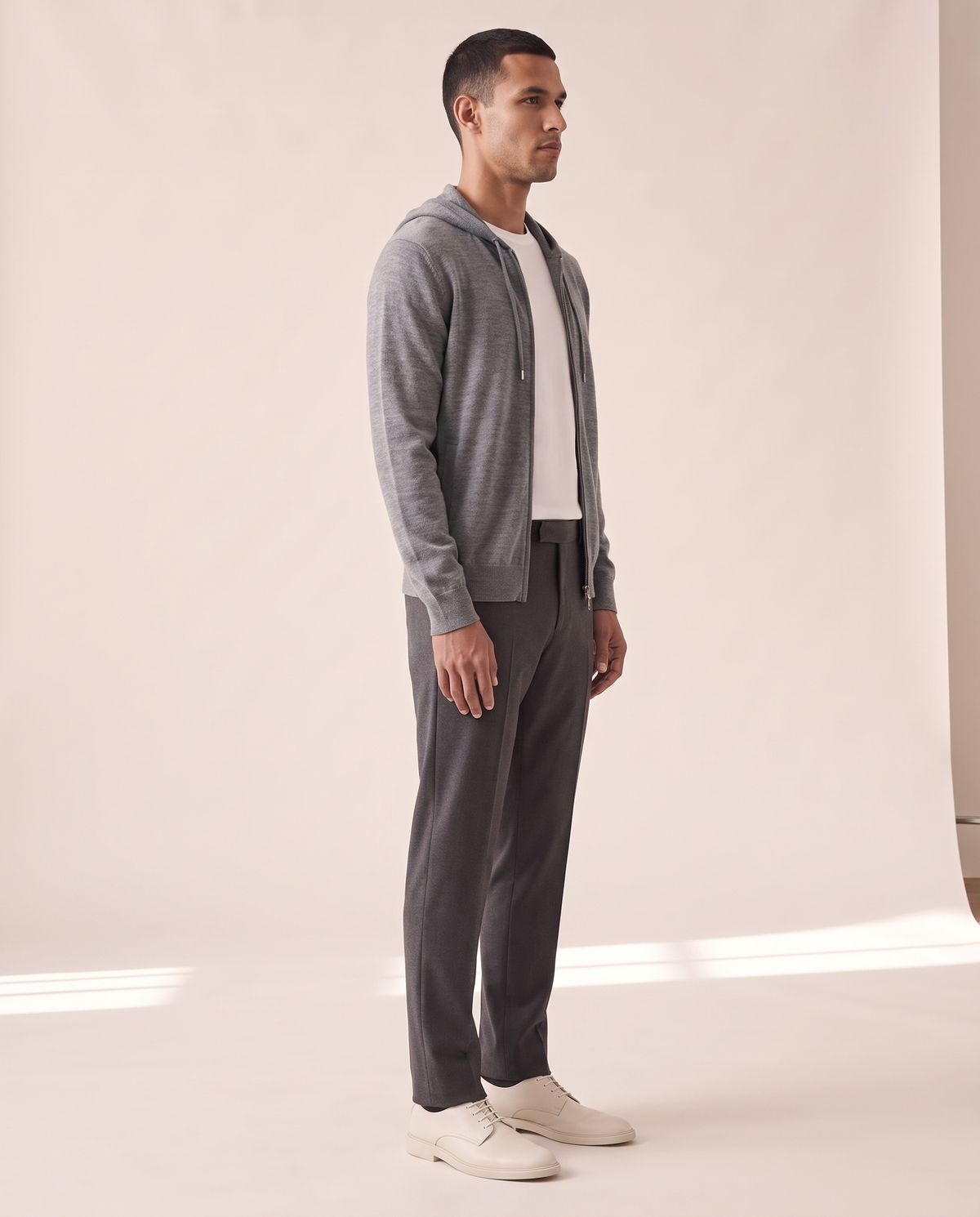 The Brackley merino zip-through hoodie shown in side profile