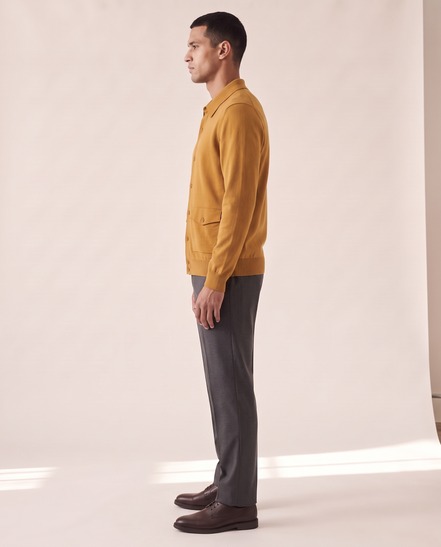The Fairhaven knitted shirt jacket shown in side profile