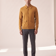 Model wearing The Fairhaven knitted shirt jacket, front view