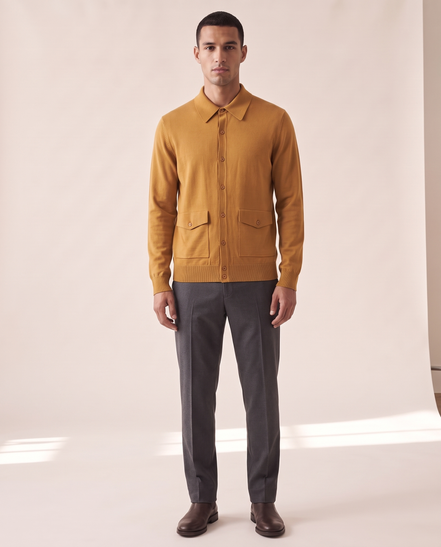 Model wearing The Fairhaven knitted shirt jacket, front view