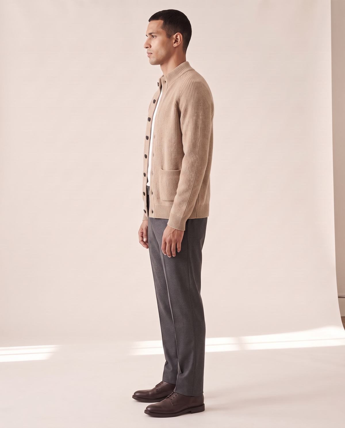 The Ledbury cashmere overshirt shown in side profile