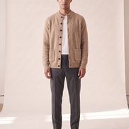 Model wearing The Ledbury cashmere overshirt, front view