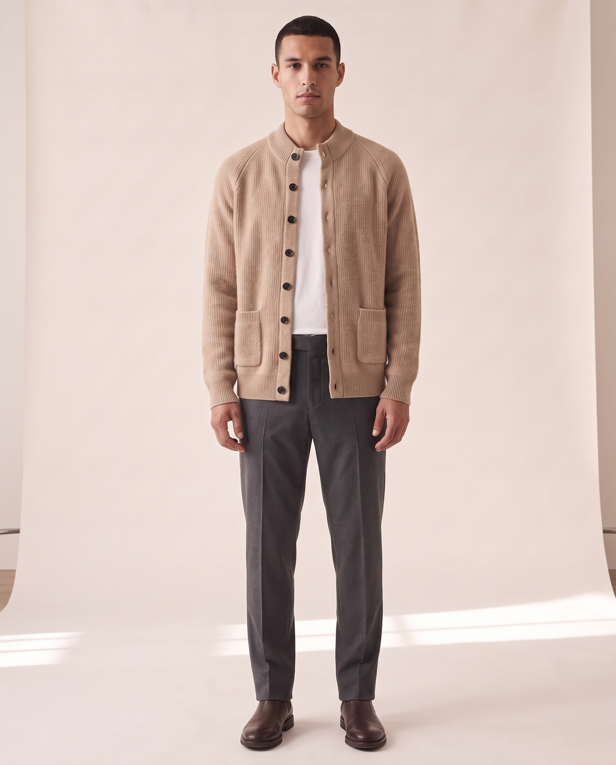 Model wearing The Ledbury cashmere overshirt, front view