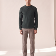 Model wearing The Alderley merino ribbed henley, front view