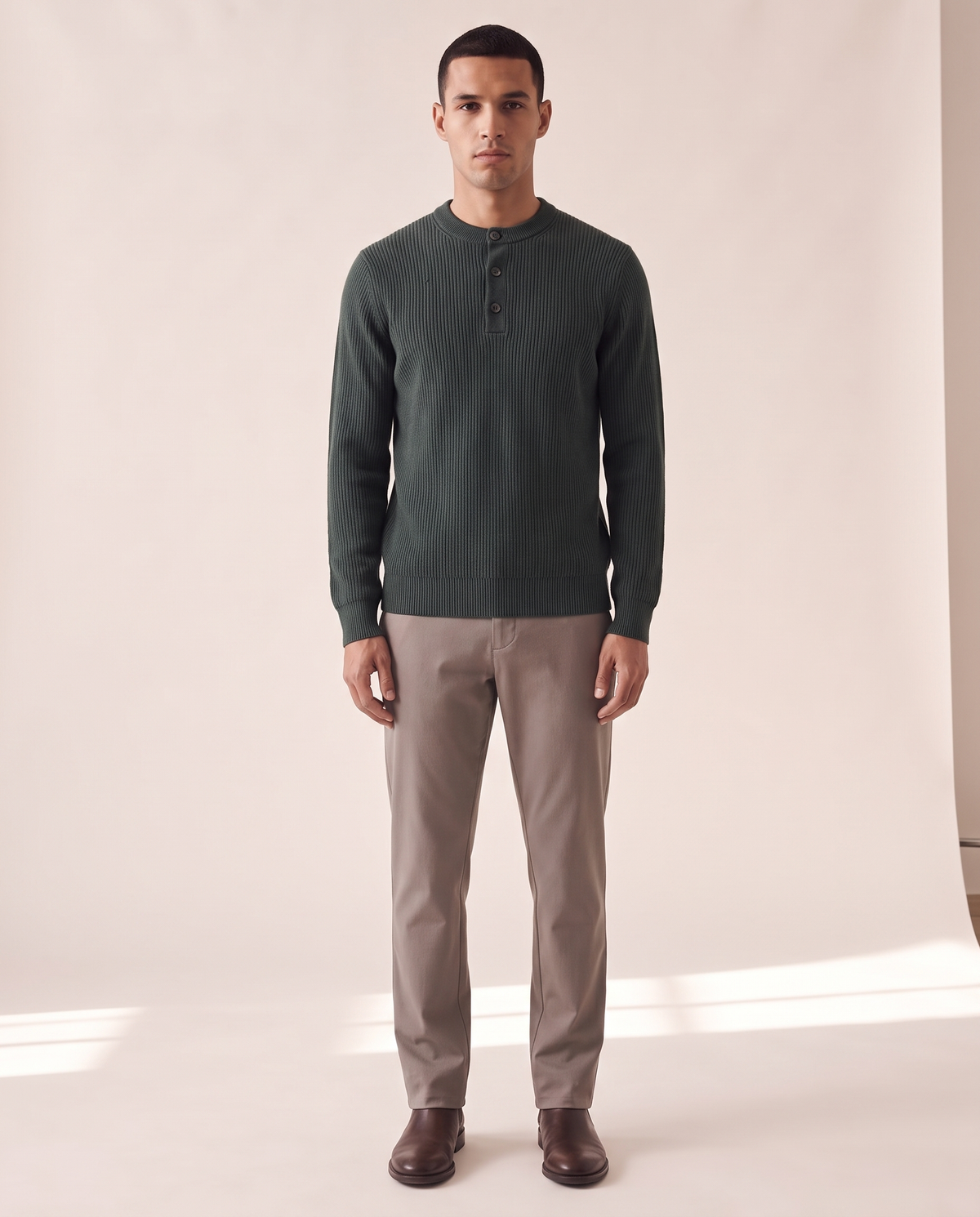 Model wearing The Alderley merino ribbed henley, front view