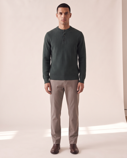 Model wearing The Alderley merino ribbed henley, front view
