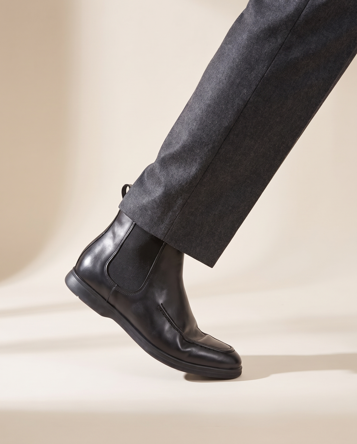 Close-up of The Albany worn, side profile showing the elastic gusset, heel and rubber sole edge