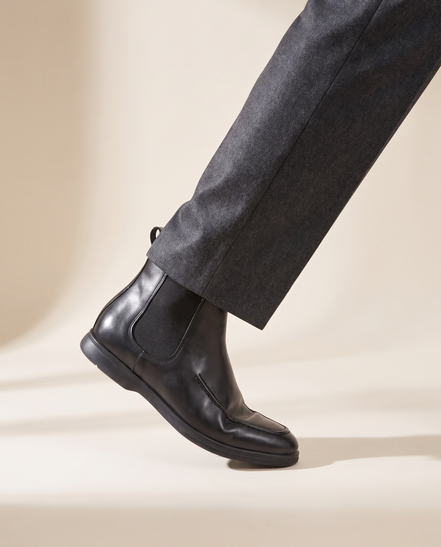 Close-up of The Albany worn, side profile showing the elastic gusset, heel and rubber sole edge
