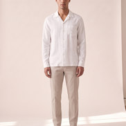 Model wearing The Wilton camp-collar shirt, front view