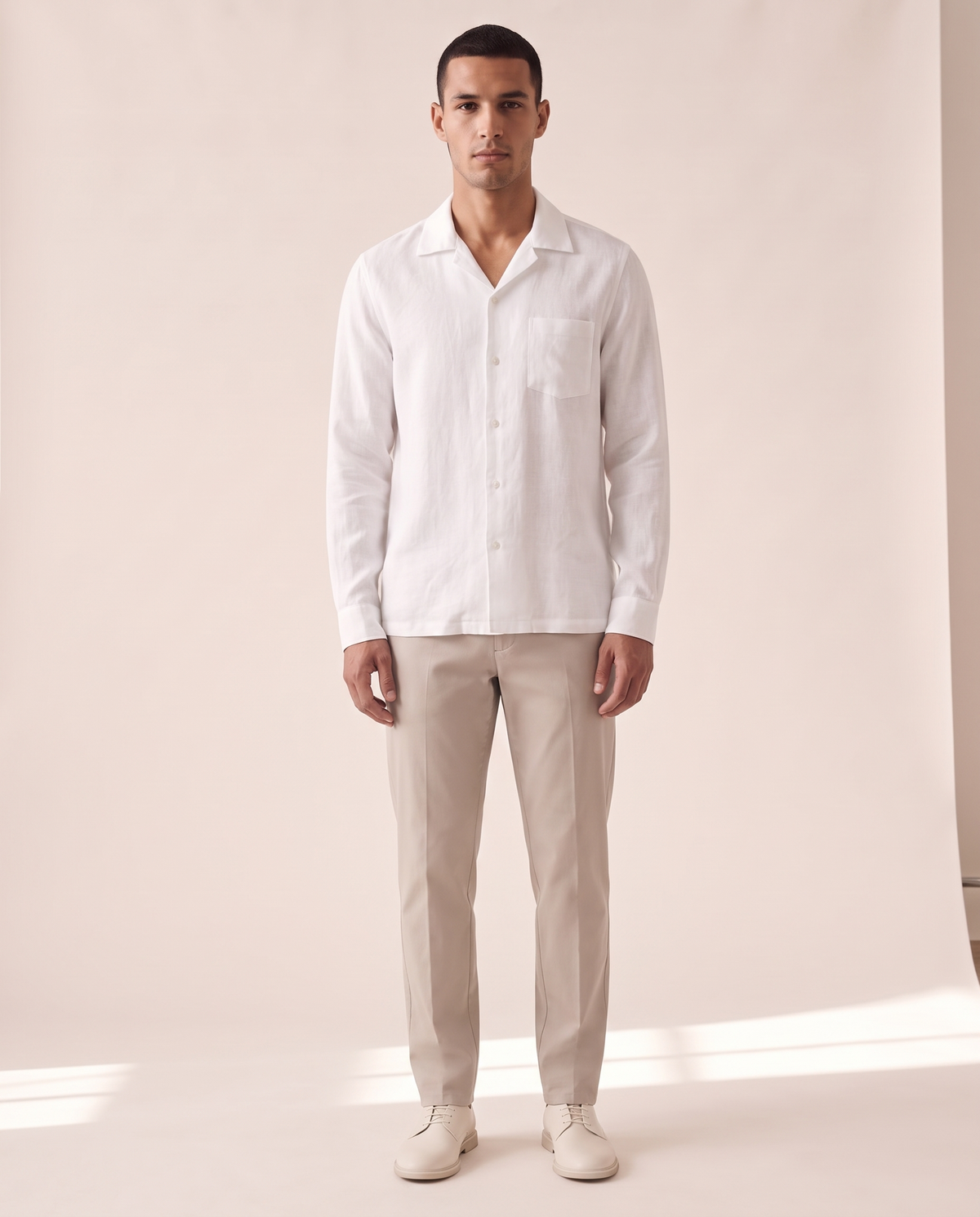 Model wearing The Wilton camp-collar shirt, front view